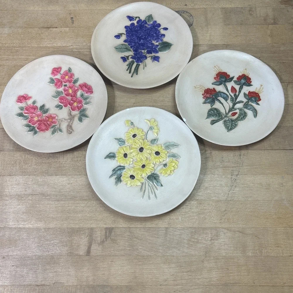 Vintage 1970s Set 4 Ceramic Floral Relief Plates 3D Hand Painted Cottage Decor